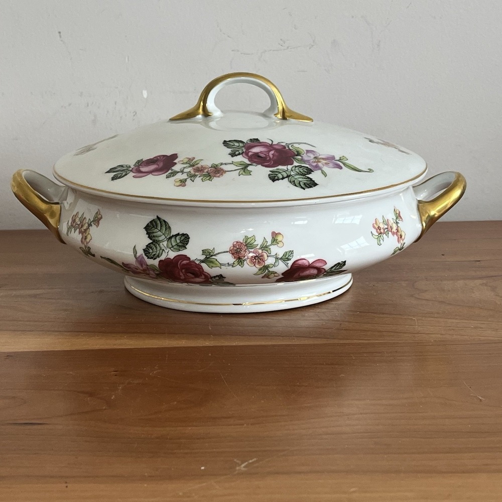 Vintage Epiag Czechoslovakia Floral Tureen Bowl with Gold Trim Handles & Lid